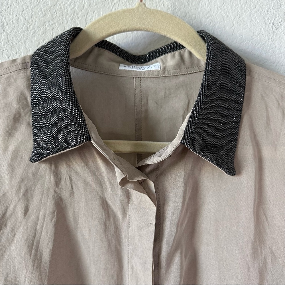 Brunello Cucinelli Monili Beads Embellished Collar Shirt in Coffee Beige SZ 3 XL - Picture 4 of 11